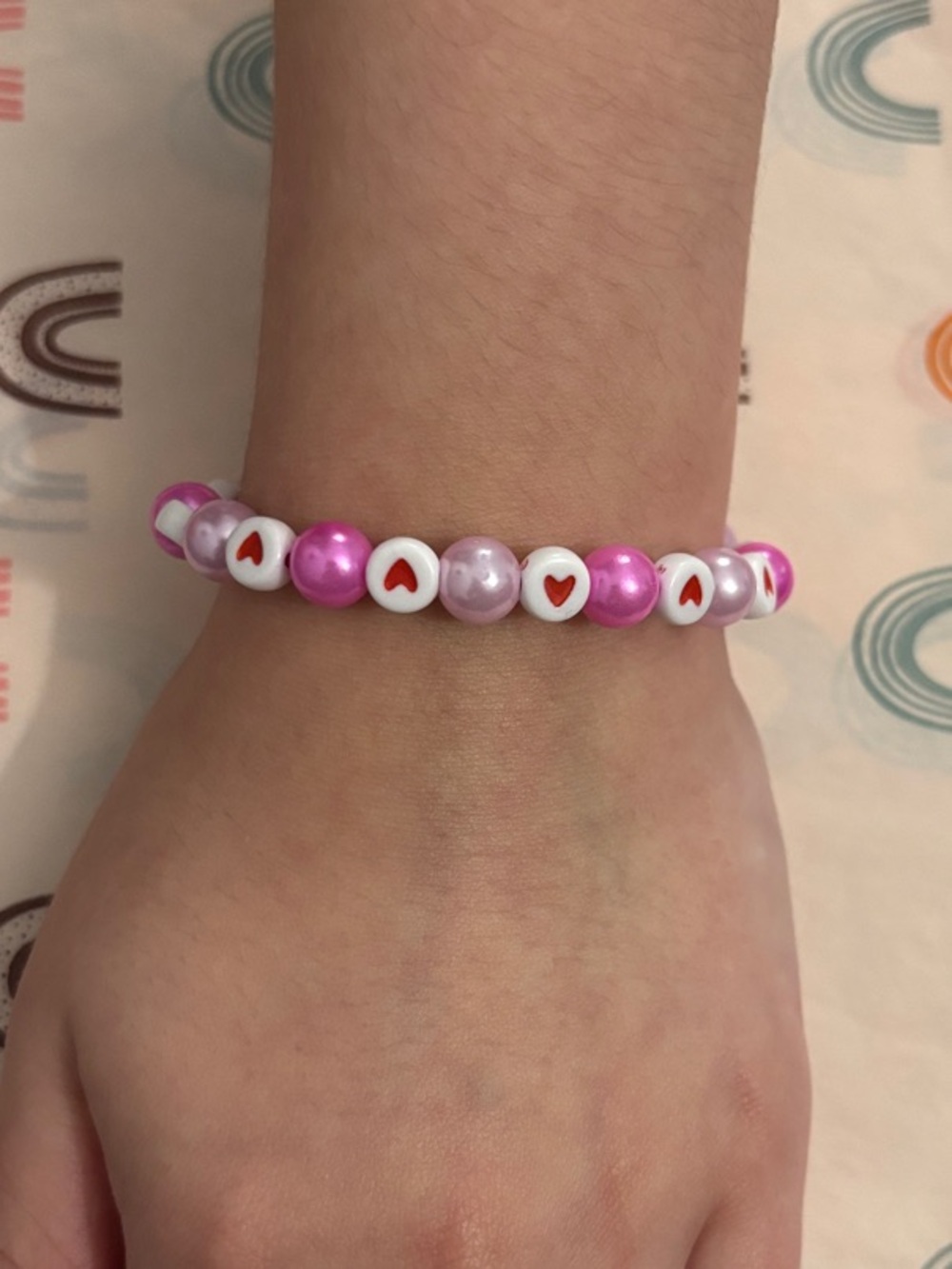 Girls Pink Heart Pearl Bead Stretch Bracelet